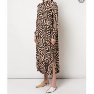 GANNI Tiger Zebra Animal Print Midi Shirt Dress Long Sleeve Viscose Sz 36